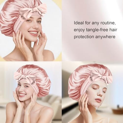 Pink Silk Bonnet for Sleeping – Extra Large Satin Bonnet with Tie Band & Adjustable Straps for Women, Curly & Braided Hair Avelisse