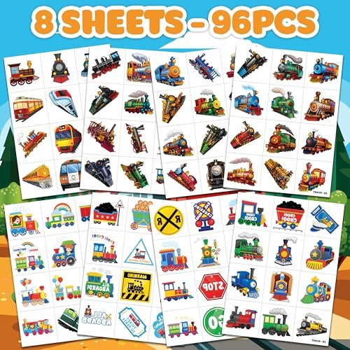 96 PCS Vintage Train Transportation Pre-Cut Temporary Tattoos for Kids | Super Cute Train Themed Birthday Party Favors, Supplies, Decorations, Fake Tattoo Stickers, School Rewards & Gifts Boys & Girls - görsel 6