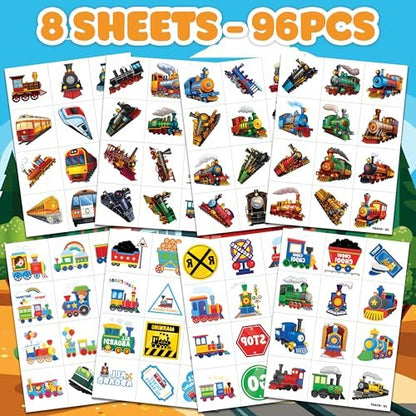 96 PCS Vintage Train Transportation Pre-Cut Temporary Tattoos for Kids | Super Cute Train Themed Birthday Party Favors, Supplies, Decorations, Fake Tattoo Stickers, School Rewards & Gifts Boys & Girls
