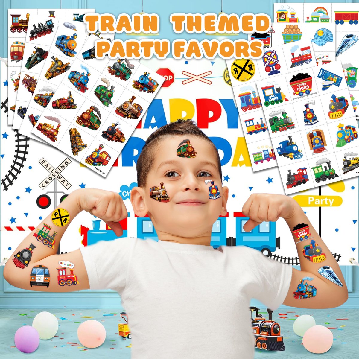 96 PCS Vintage Train Transportation Pre-Cut Temporary Tattoos for Kids | Super Cute Train Themed Birthday Party Favors, Supplies, Decorations, Fake Tattoo Stickers, School Rewards & Gifts Boys & Girls - görsel 3