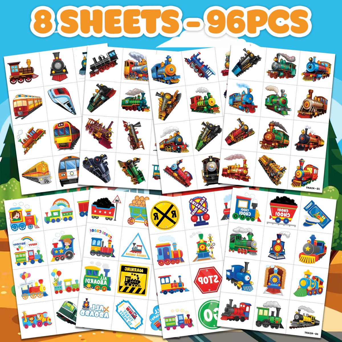 96 PCS Vintage Train Transportation Pre-Cut Temporary Tattoos for Kids | Super Cute Train Themed Birthday Party Favors, Supplies, Decorations, Fake Tattoo Stickers, School Rewards & Gifts Boys & Girls - görsel 5