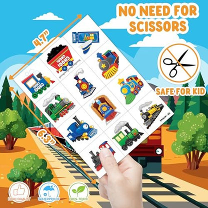 96 PCS Vintage Train Transportation Pre-Cut Temporary Tattoos for Kids | Super Cute Train Themed Birthday Party Favors, Supplies, Decorations, Fake Tattoo Stickers, School Rewards & Gifts Boys & Girls