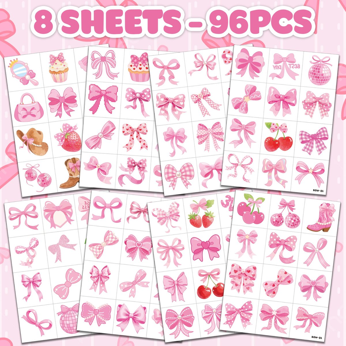 96 PCS Pink Bow Pre-Cut Temporary Tattoos for Kids | Super Cute Pink Bow Themed Birthday Party Favors, Supplies, Decorations, Fake Tattoo Stickers, School Rewards & Gifts for Boys & Girls - görsel 5