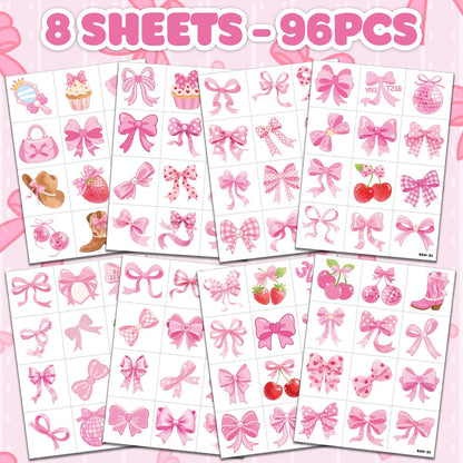 96 PCS Pink Bow Pre-Cut Temporary Tattoos for Kids | Super Cute Pink Bow Themed Birthday Party Favors, Supplies, Decorations, Fake Tattoo Stickers, School Rewards & Gifts for Boys & Girls
