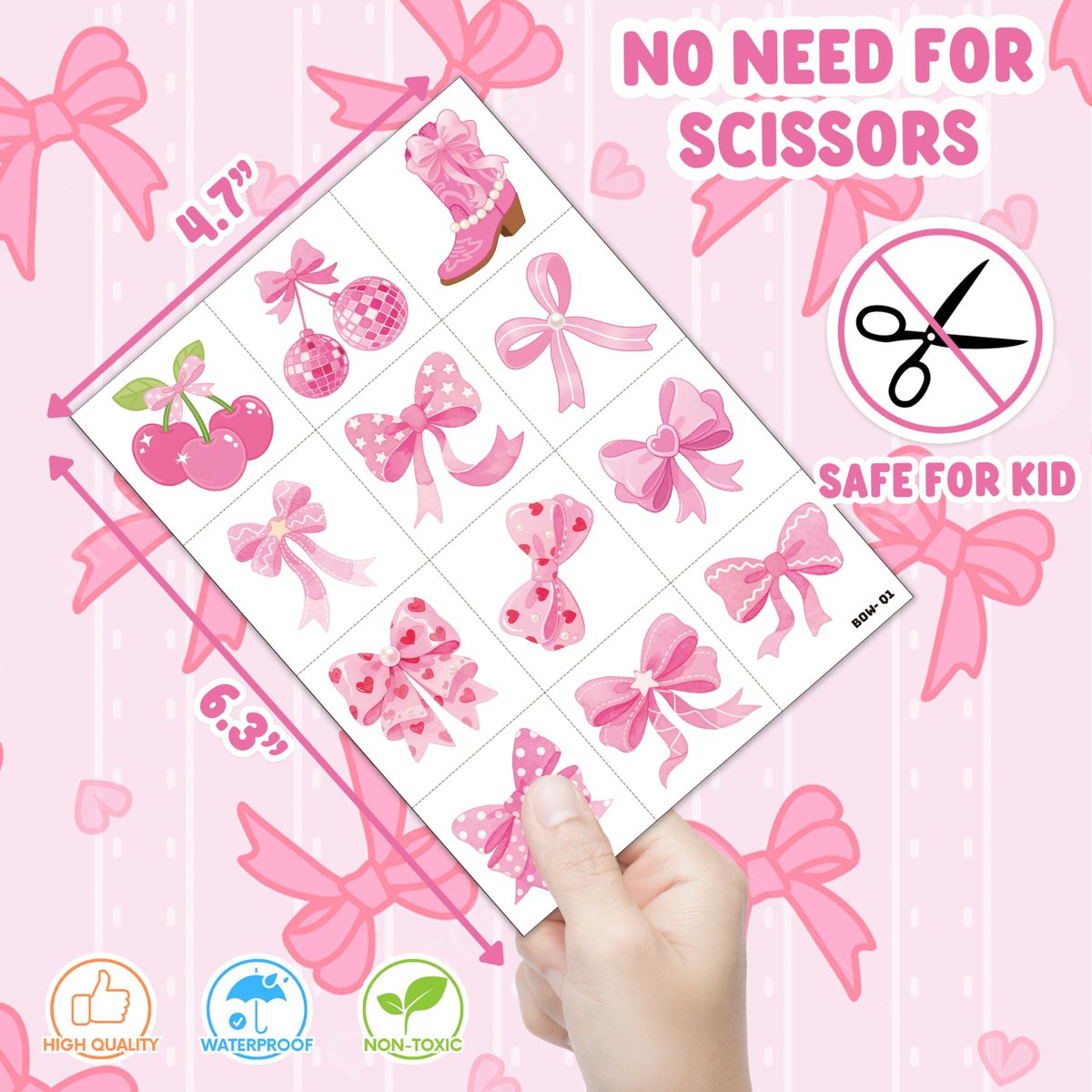 96 PCS Pink Bow Pre-Cut Temporary Tattoos for Kids | Super Cute Pink Bow Themed Birthday Party Favors, Supplies, Decorations, Fake Tattoo Stickers, School Rewards & Gifts for Boys & Girls - görsel 7