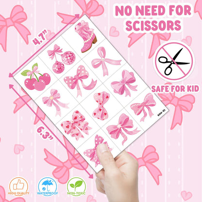 96 PCS Pink Bow Pre-Cut Temporary Tattoos for Kids | Super Cute Pink Bow Themed Birthday Party Favors, Supplies, Decorations, Fake Tattoo Stickers, School Rewards & Gifts for Boys & Girls