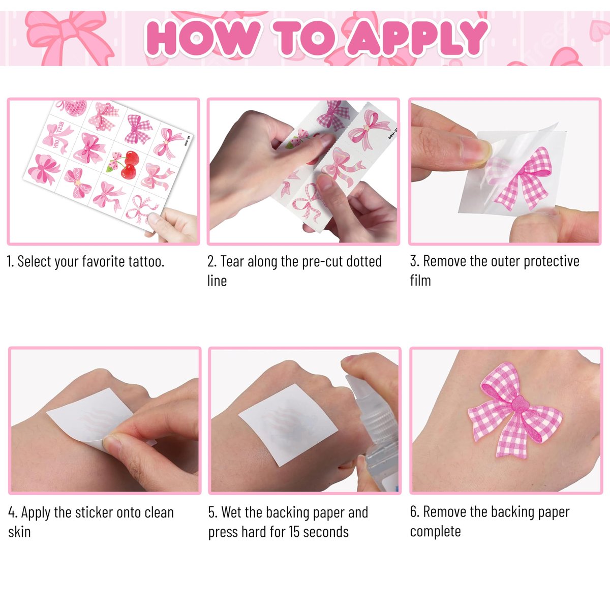 96 PCS Pink Bow Pre-Cut Temporary Tattoos for Kids | Super Cute Pink Bow Themed Birthday Party Favors, Supplies, Decorations, Fake Tattoo Stickers, School Rewards & Gifts for Boys & Girls - görsel 13
