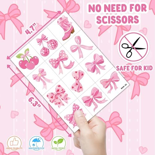 96 PCS Pink Bow Pre-Cut Temporary Tattoos for Kids | Super Cute Pink Bow Themed Birthday Party Favors, Supplies, Decorations, Fake Tattoo Stickers, School Rewards & Gifts for Boys & Girls - görsel 8