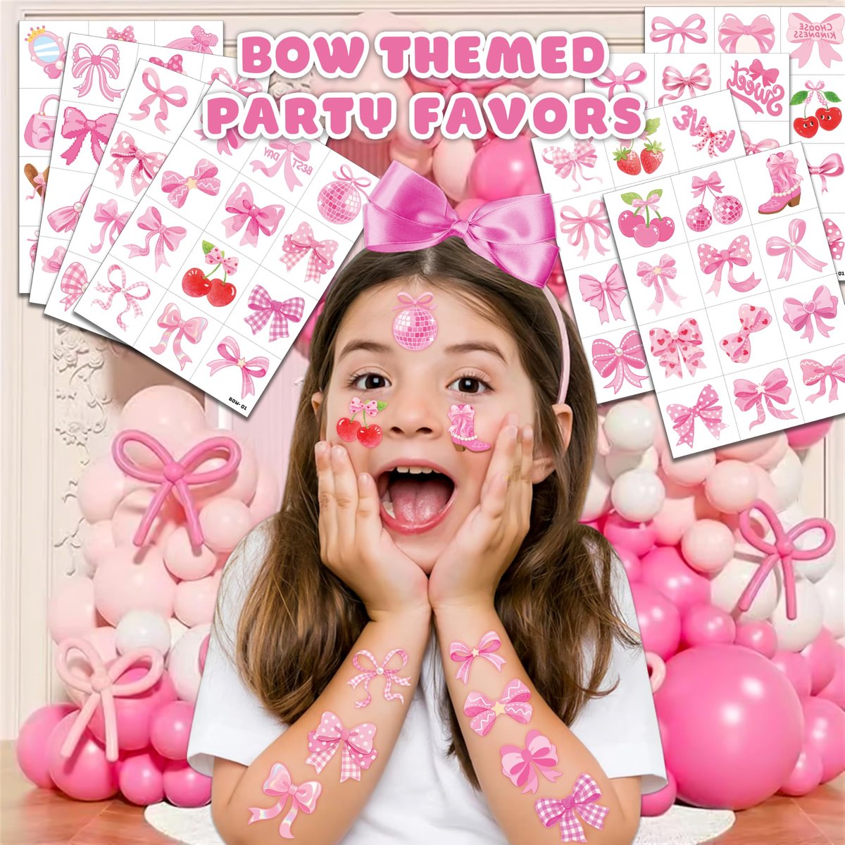 96 PCS Pink Bow Pre-Cut Temporary Tattoos for Kids | Super Cute Pink Bow Themed Birthday Party Favors, Supplies, Decorations, Fake Tattoo Stickers, School Rewards & Gifts for Boys & Girls - görsel 3