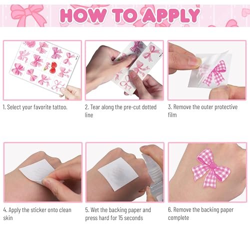 96 PCS Pink Bow Pre-Cut Temporary Tattoos for Kids | Super Cute Pink Bow Themed Birthday Party Favors, Supplies, Decorations, Fake Tattoo Stickers, School Rewards & Gifts for Boys & Girls - görsel 14