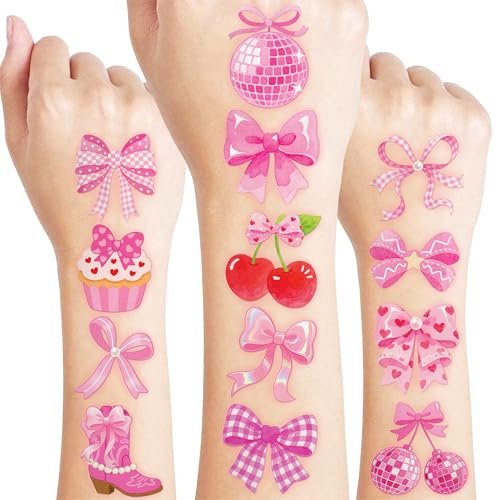 96 PCS Pink Bow Pre-Cut Temporary Tattoos for Kids | Super Cute Pink Bow Themed Birthday Party Favors, Supplies, Decorations, Fake Tattoo Stickers, School Rewards & Gifts for Boys & Girls - görsel 2