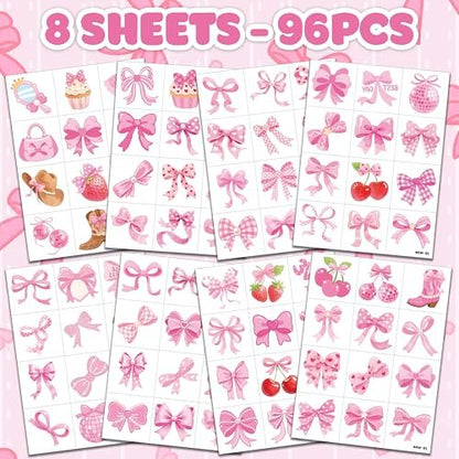 96 PCS Pink Bow Pre-Cut Temporary Tattoos for Kids | Super Cute Pink Bow Themed Birthday Party Favors, Supplies, Decorations, Fake Tattoo Stickers, School Rewards & Gifts for Boys & Girls
