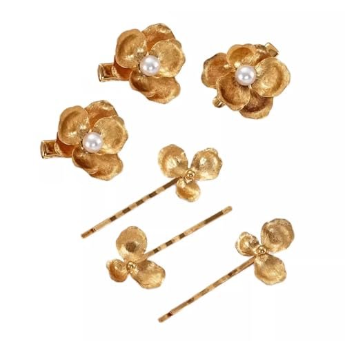 6-Piece Vintage Gold Hair Clips and Bobby Pins Set - Metal Retro Pearl Flower Hair Accessories - görsel 2