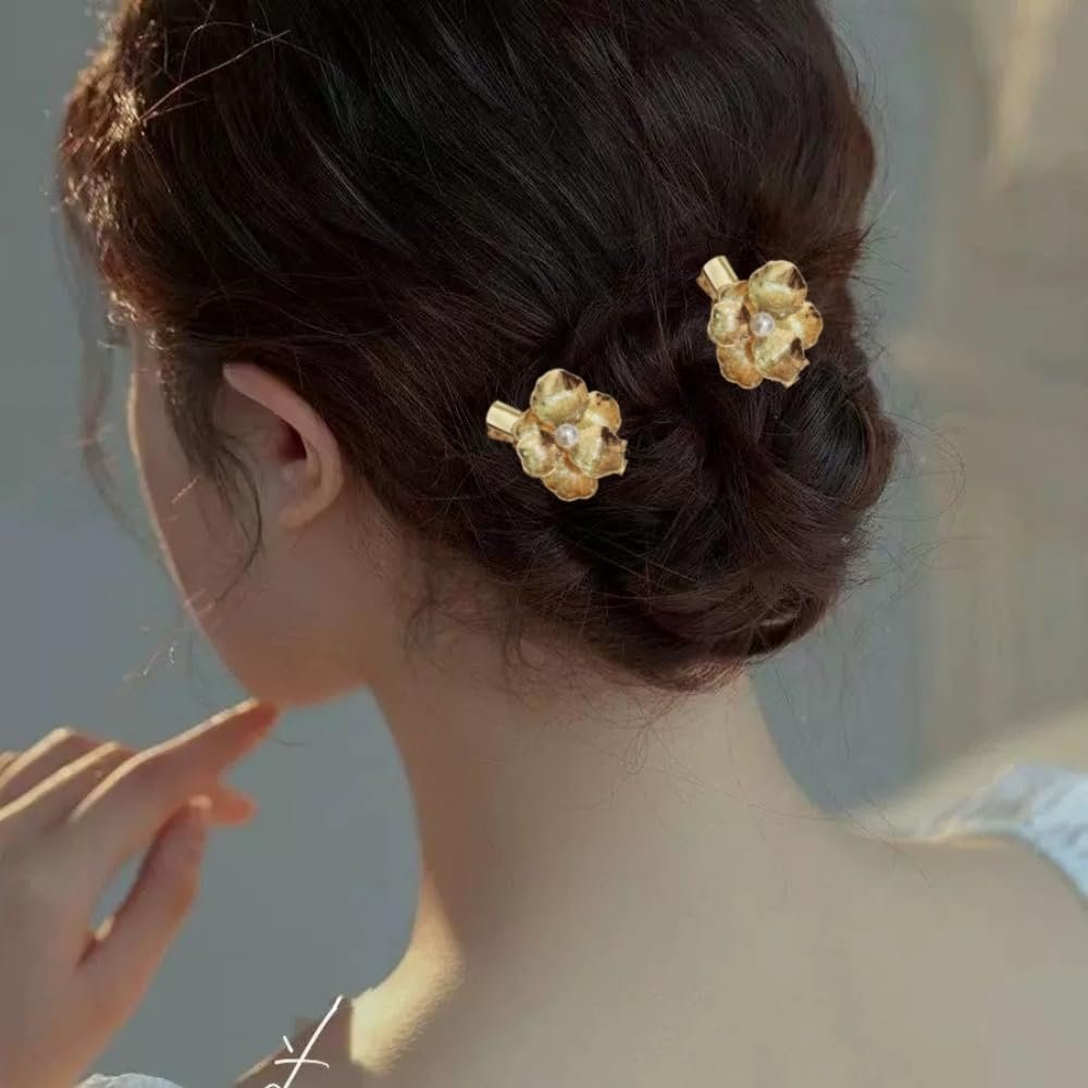 6-Piece Vintage Gold Hair Clips and Bobby Pins Set - Metal Retro Pearl Flower Hair Accessories - görsel 7
