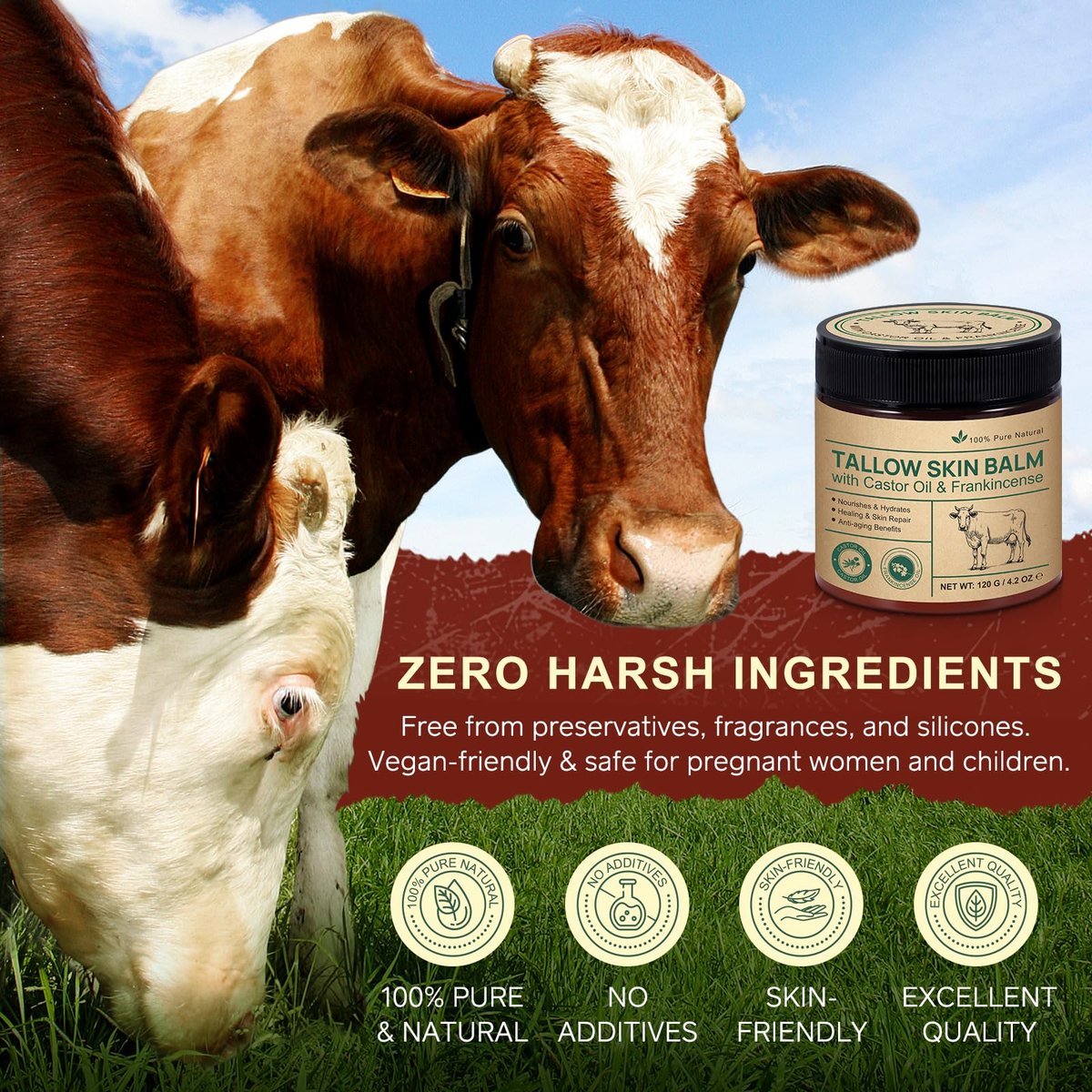Organic Whipped Beef Tallow Balm with Castor Oil & Frankincense – Deep Moisturizing Face & Body Cream, 4.2 oz (120g) Avelisse