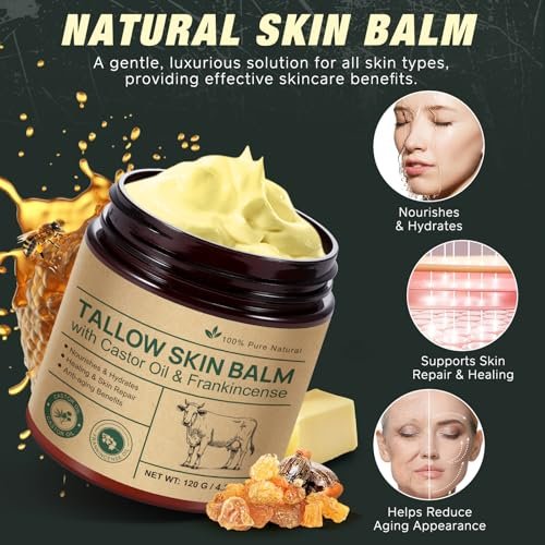 Organic Whipped Beef Tallow Balm with Castor Oil & Frankincense – Deep Moisturizing Face & Body Cream, 4.2 oz (120g) Avelisse