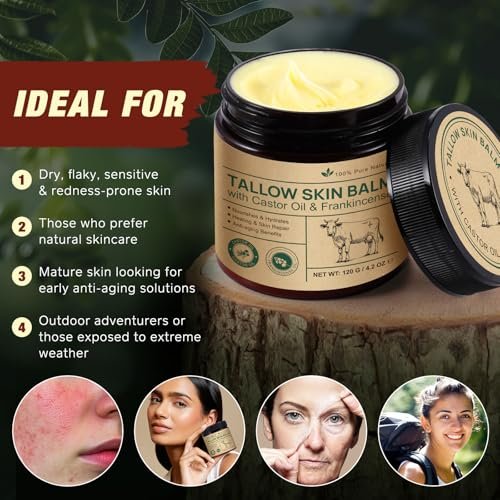 Organic Whipped Beef Tallow Balm with Castor Oil & Frankincense – Deep Moisturizing Face & Body Cream, 4.2 oz (120g) Avelisse