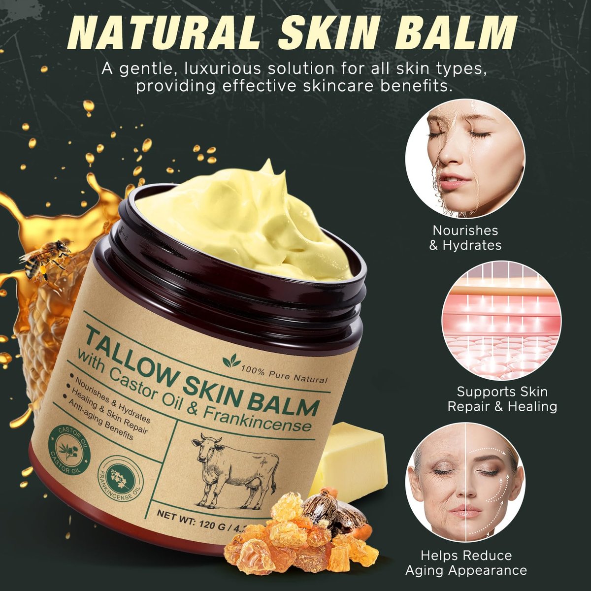Organic Whipped Beef Tallow Balm with Castor Oil & Frankincense – Deep Moisturizing Face & Body Cream, 4.2 oz (120g) Avelisse
