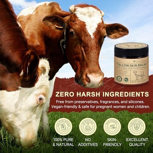 Organic Whipped Beef Tallow Balm with Castor Oil & Frankincense – Deep Moisturizing Face & Body Cream, 4.2 oz (120g) Avelisse