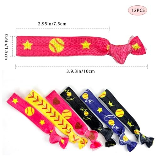 12 PCS Softball Hair Ties for Girls - No Crease Hair Elastics Set, Baseball Team Gifts Party Favors for Players, Fans, Coaches, Teams Softball Accessories for Girls Teens Women (Multi Color) Avelisse