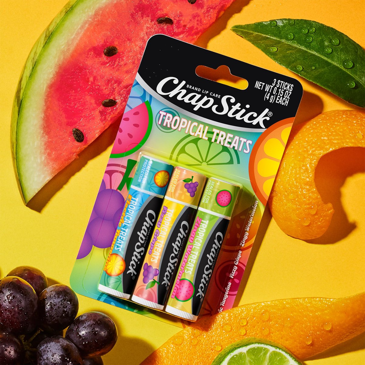 ChapStick Lip Care, Tropical Treats Collection (6 Sticks) – Electric Tangerine, Fizzy Grape & Zingy Watermelon Lip Balm, 0.15 Oz Each Avelisse