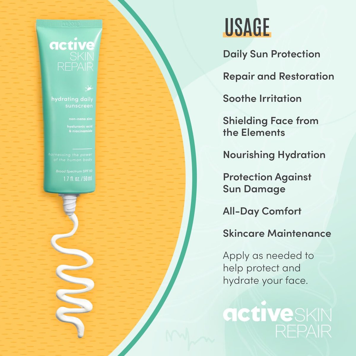 Active Skin Repair SPF 50 EWG-Certified Hydrating Daily Sunscreen and Face Moisturizer, Non-Nano Zinc, Non-Toxic Broad Spectrum Protection Hydrating Mineral Facial Sunscreen, 1.7 fl. oz. Avelisse