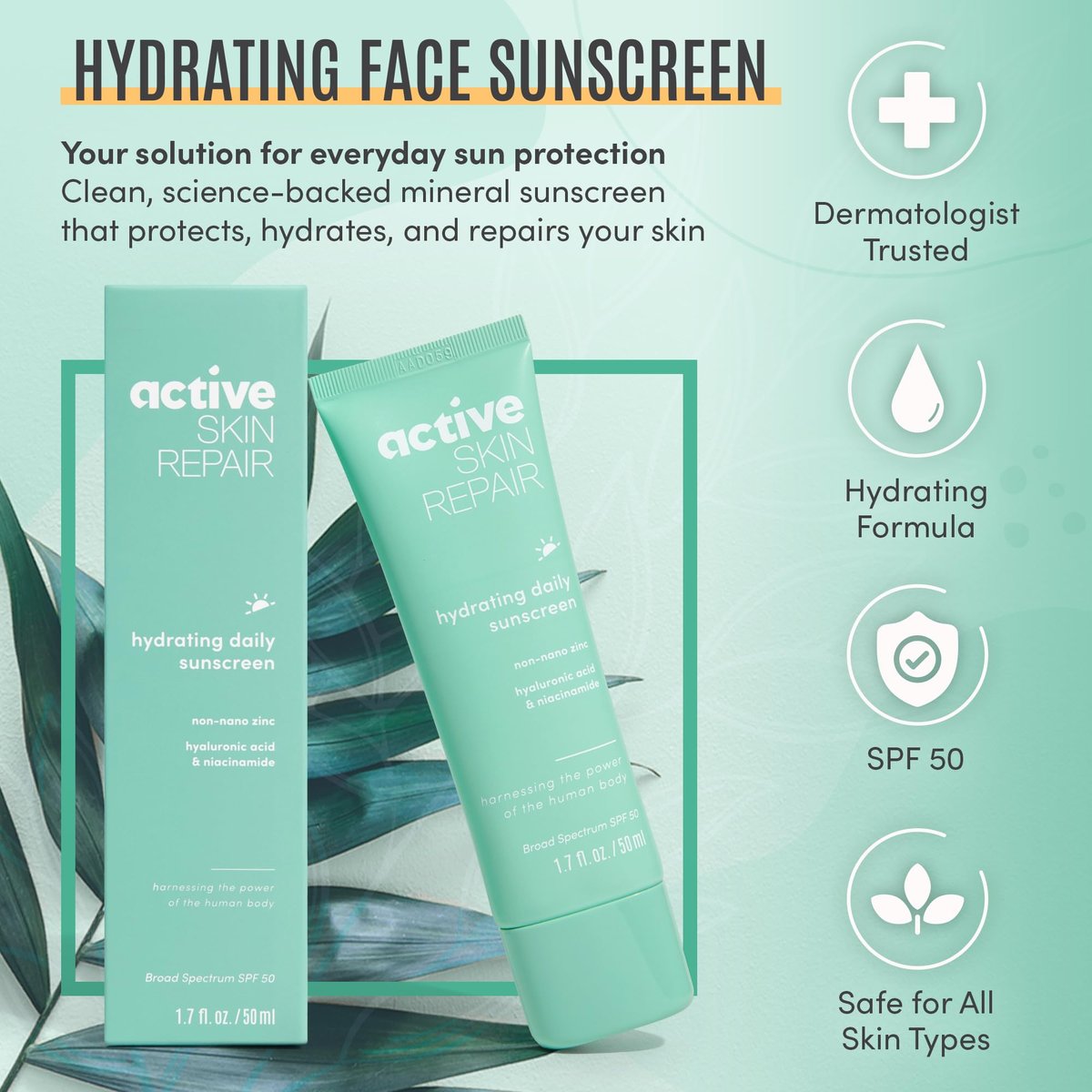 Active Skin Repair SPF 50 EWG-Certified Hydrating Daily Sunscreen and Face Moisturizer, Non-Nano Zinc, Non-Toxic Broad Spectrum Protection Hydrating Mineral Facial Sunscreen, 1.7 fl. oz. Avelisse