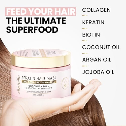 ELLA BELLA® Keratin Hair Mask – Deep Conditioning Hair Treatment for Dry, Damaged, Curly & Color-Treated Hair – Hydrating Mask for Softness, Shine & Growth (10 Fl Oz) Avelisse