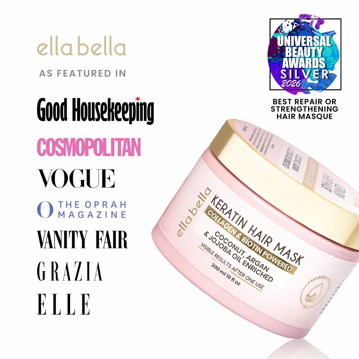ELLA BELLA® Keratin Hair Mask – Deep Conditioning Hair Treatment for Dry, Damaged, Curly & Color-Treated Hair – Hydrating Mask for Softness, Shine & Growth (10 Fl Oz) Avelisse