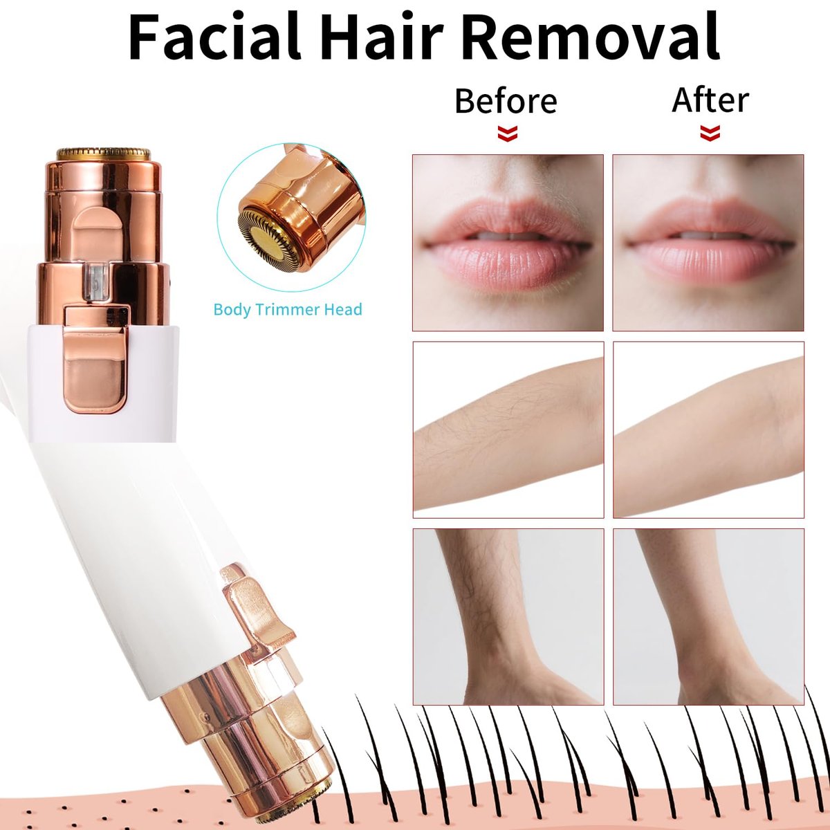 Kroaya 2-in-1 Electric Facial Hair Removal for Women – Rechargeable Chin, Upper Lip & Peach Fuzz Trimmer with LED Light & Eyebrow Shaper - görsel 9