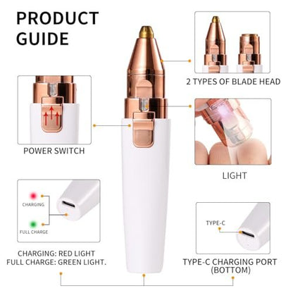Kroaya 2-in-1 Electric Facial Hair Removal for Women – Rechargeable Chin, Upper Lip & Peach Fuzz Trimmer with LED Light & Eyebrow Shaper