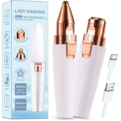 Kroaya 2-in-1 Electric Facial Hair Removal for Women – Rechargeable Chin, Upper Lip & Peach Fuzz Trimmer with LED Light & Eyebrow Shaper