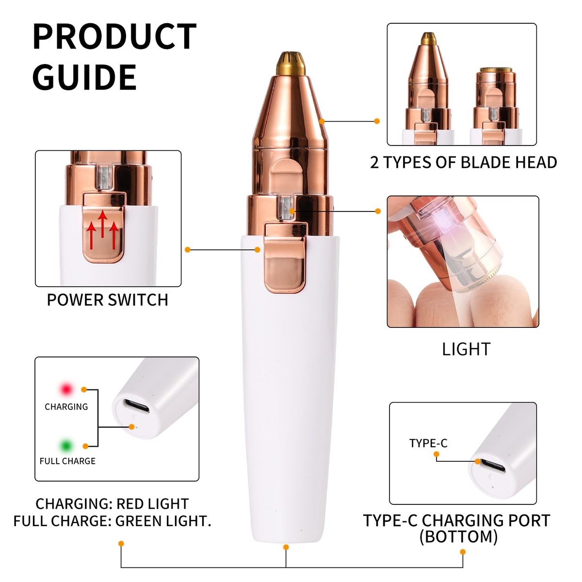 Kroaya 2-in-1 Electric Facial Hair Removal for Women – Rechargeable Chin, Upper Lip & Peach Fuzz Trimmer with LED Light & Eyebrow Shaper - görsel 3