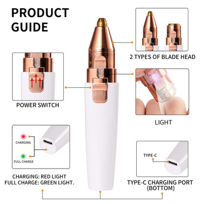 Kroaya 2-in-1 Electric Facial Hair Removal for Women – Rechargeable Chin, Upper Lip & Peach Fuzz Trimmer with LED Light & Eyebrow Shaper