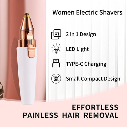 Kroaya 2-in-1 Electric Facial Hair Removal for Women – Rechargeable Chin, Upper Lip & Peach Fuzz Trimmer with LED Light & Eyebrow Shaper