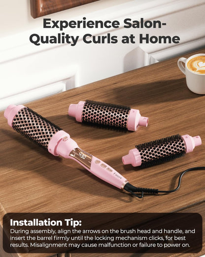 Farery 3-in-1 Thermal Brush Set: Ceramic Curling Wand & Hot Brush with 9 Temperatures, Interchangeable Barrels (1.25"/1.5"/1.75") for Short, Medium & Long Hair - Pink Avelisse