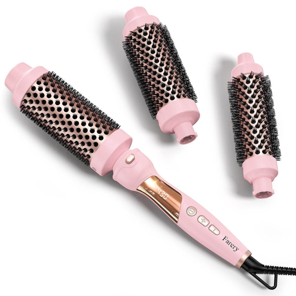 Farery 3-in-1 Thermal Brush Set: Ceramic Curling Wand & Hot Brush with 9 Temperatures, Interchangeable Barrels (1.25"/1.5"/1.75") for Short, Medium & Long Hair - Pink Avelisse