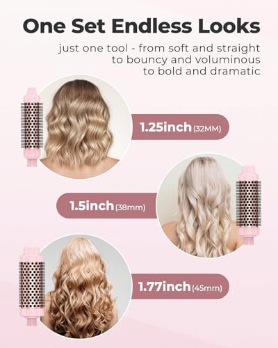 Farery 3-in-1 Thermal Brush Set: Ceramic Curling Wand & Hot Brush with 9 Temperatures, Interchangeable Barrels (1.25"/1.5"/1.75") for Short, Medium & Long Hair - Pink Avelisse