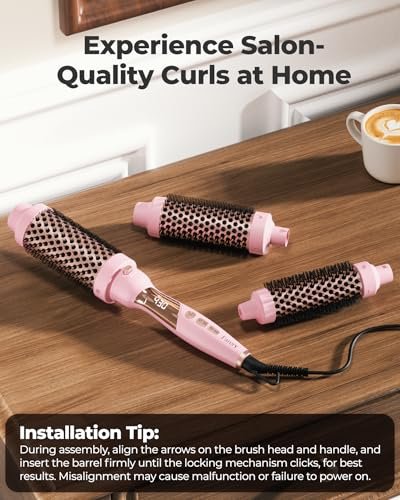 Farery 3-in-1 Thermal Brush Set: Ceramic Curling Wand & Hot Brush with 9 Temperatures, Interchangeable Barrels (1.25"/1.5"/1.75") for Short, Medium & Long Hair - Pink Avelisse