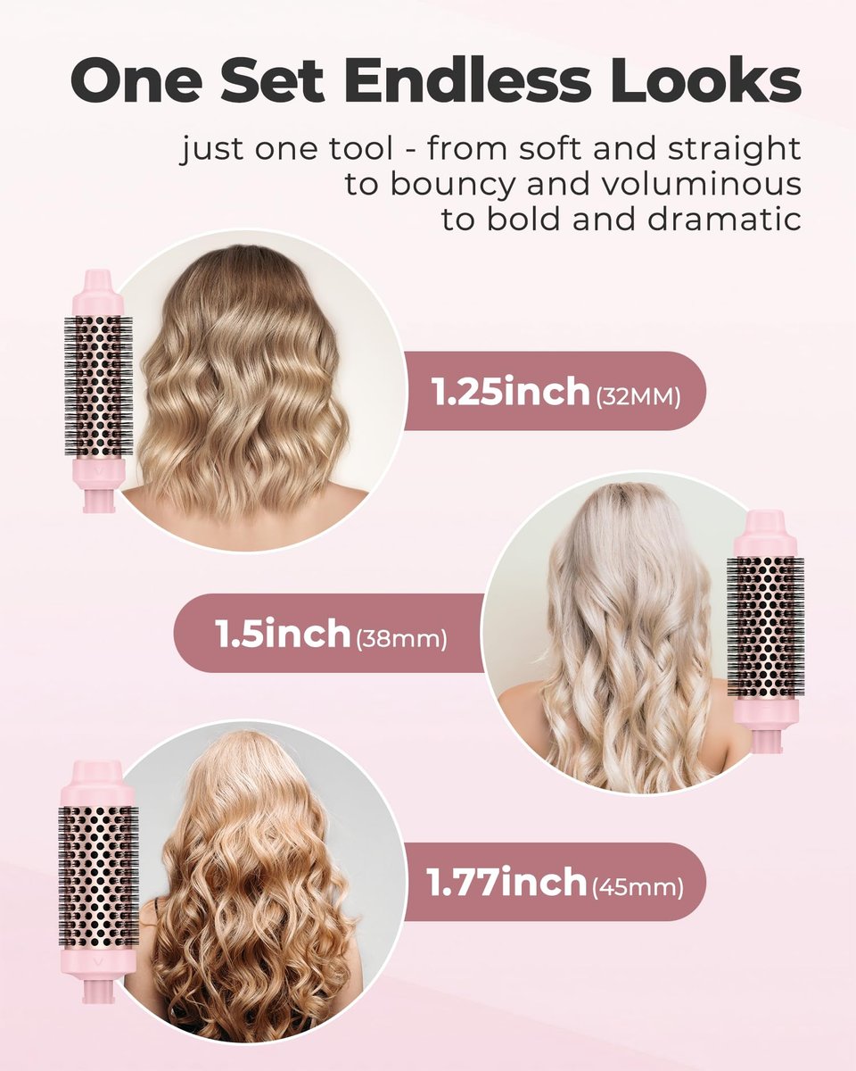 Farery 3-in-1 Thermal Brush Set: Ceramic Curling Wand & Hot Brush with 9 Temperatures, Interchangeable Barrels (1.25"/1.5"/1.75") for Short, Medium & Long Hair - Pink Avelisse