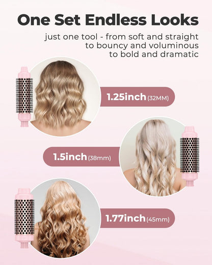 Farery 3-in-1 Thermal Brush Set: Ceramic Curling Wand & Hot Brush with 9 Temperatures, Interchangeable Barrels (1.25"/1.5"/1.75") for Short, Medium & Long Hair - Pink Avelisse