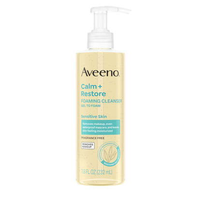Aveeno Calm + Restore Foaming Cleanser for Sensitive Skin - Fragrance-Free Face Wash with Soothing Oat, Feverfew & Hyaluronic Acid, 7.8 oz