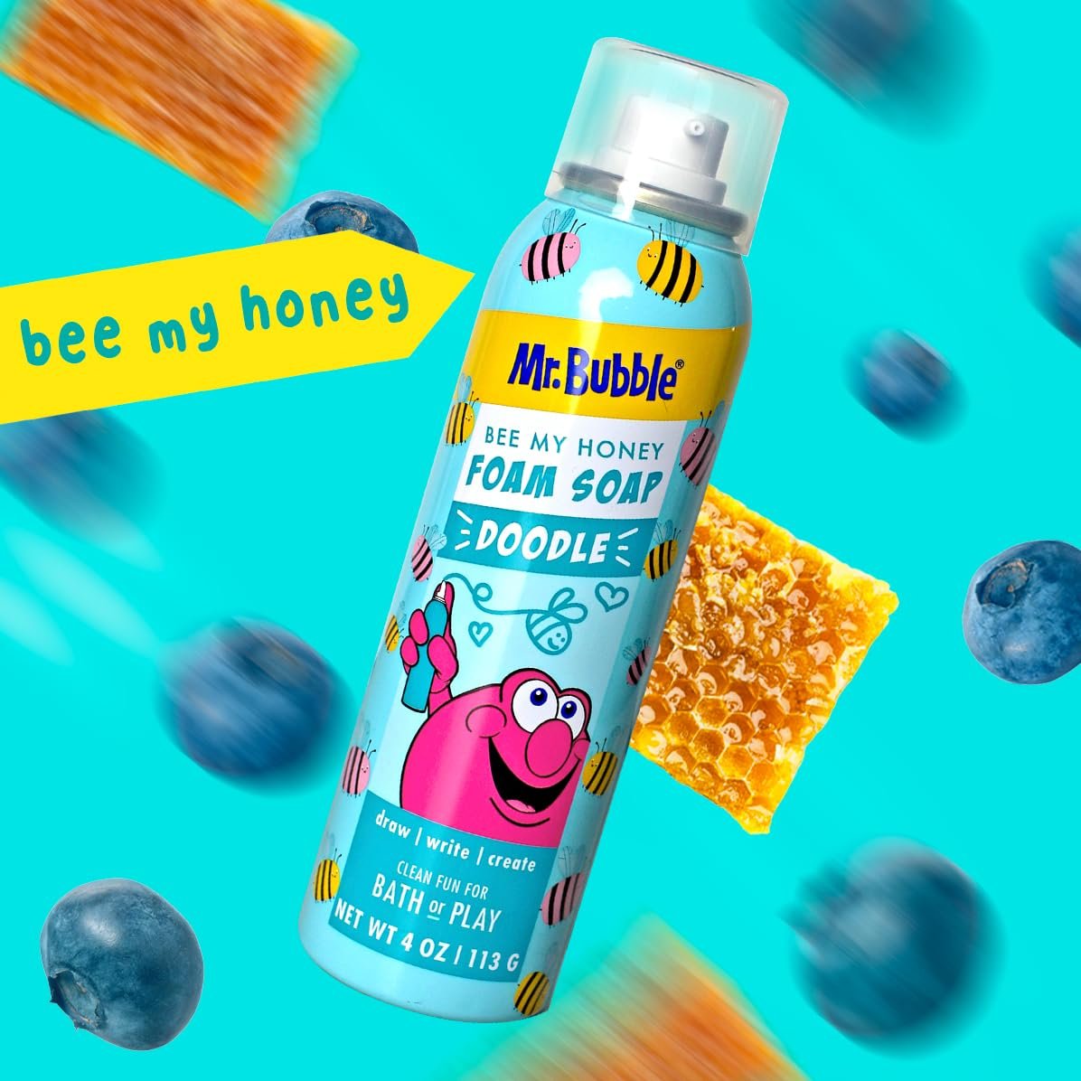 Mr. Bubble Limited Edition Foam Soap, Creativity Bath Soap, Cleans & Moisturizes, Bee My Honey (Blueberry Honey Scent), 4 oz, Pack of 4 Avelisse