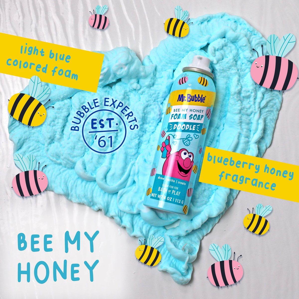 Mr. Bubble Limited Edition Foam Soap, Creativity Bath Soap, Cleans & Moisturizes, Bee My Honey (Blueberry Honey Scent), 4 oz, Pack of 4 Avelisse