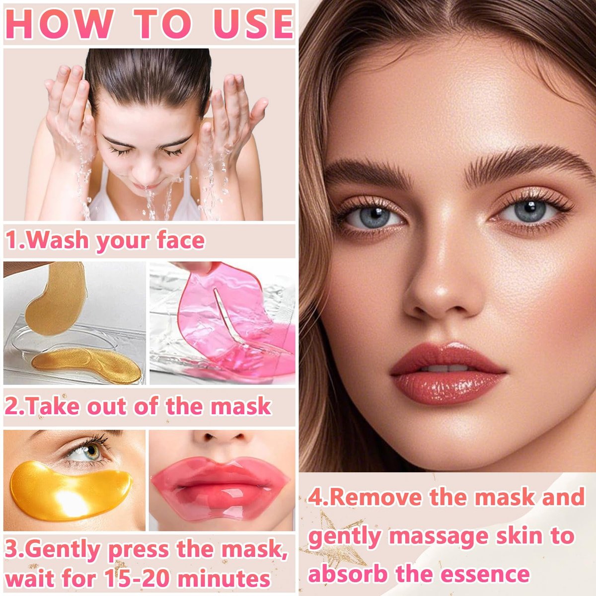 TIRDET 40 Pairs Lip Mask & Eye Mask - 24K Gold Gel Crystal Collagen Under Eye Patches for Puffy Eyes, Bachelorette Party Favors, Bridesmaid Gifts - görsel 13