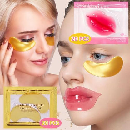 TIRDET 40 Pairs Lip Mask & Eye Mask - 24K Gold Gel Crystal Collagen Under Eye Patches for Puffy Eyes, Bachelorette Party Favors, Bridesmaid Gifts