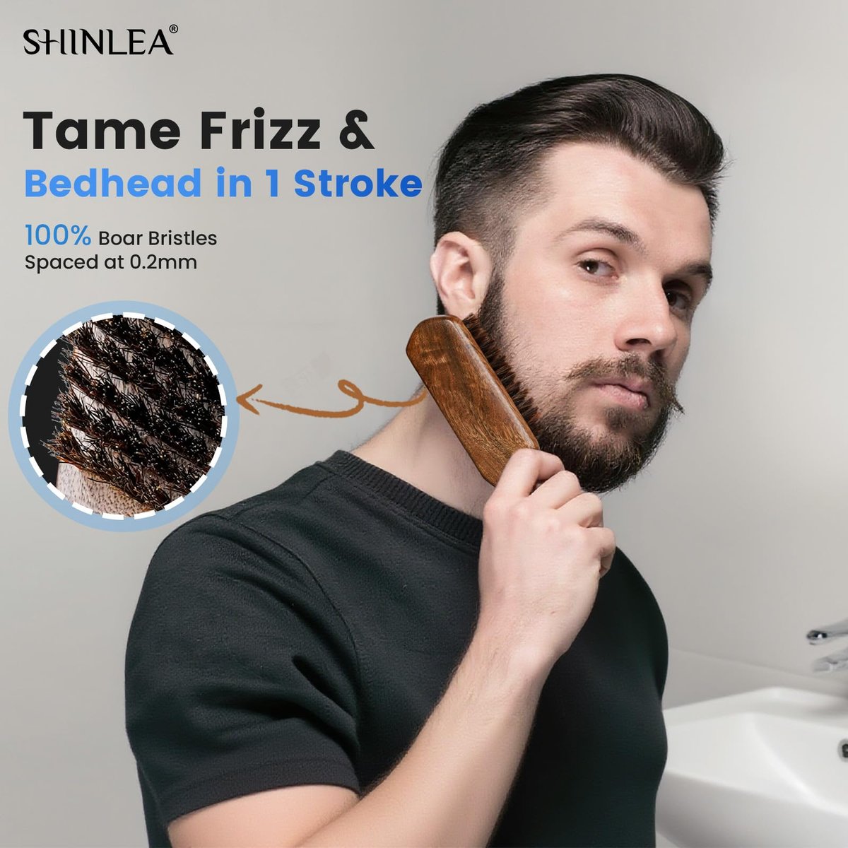 SHINLEA Boar Bristle Hair Brush for Men – Wooden Handle Beard Brush for Grooming & Softening Facial Hair, Slick Back Hair Brush for Thick & Fine Hair, Great Gift Avelisse