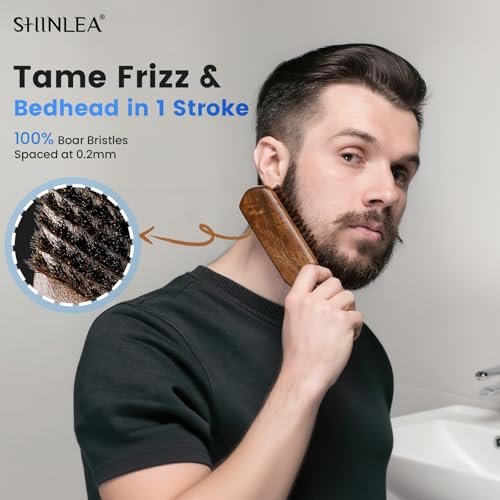 SHINLEA Boar Bristle Hair Brush for Men – Wooden Handle Beard Brush for Grooming & Softening Facial Hair, Slick Back Hair Brush for Thick & Fine Hair, Great Gift Avelisse
