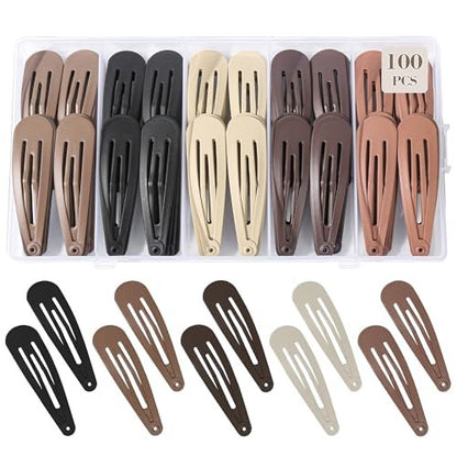 100Pcs Snap Hair Clips - No-Slip Metal Hair Barrettes for Women & Girls, Matte 5 Colors, 2 x 0.55 Inch