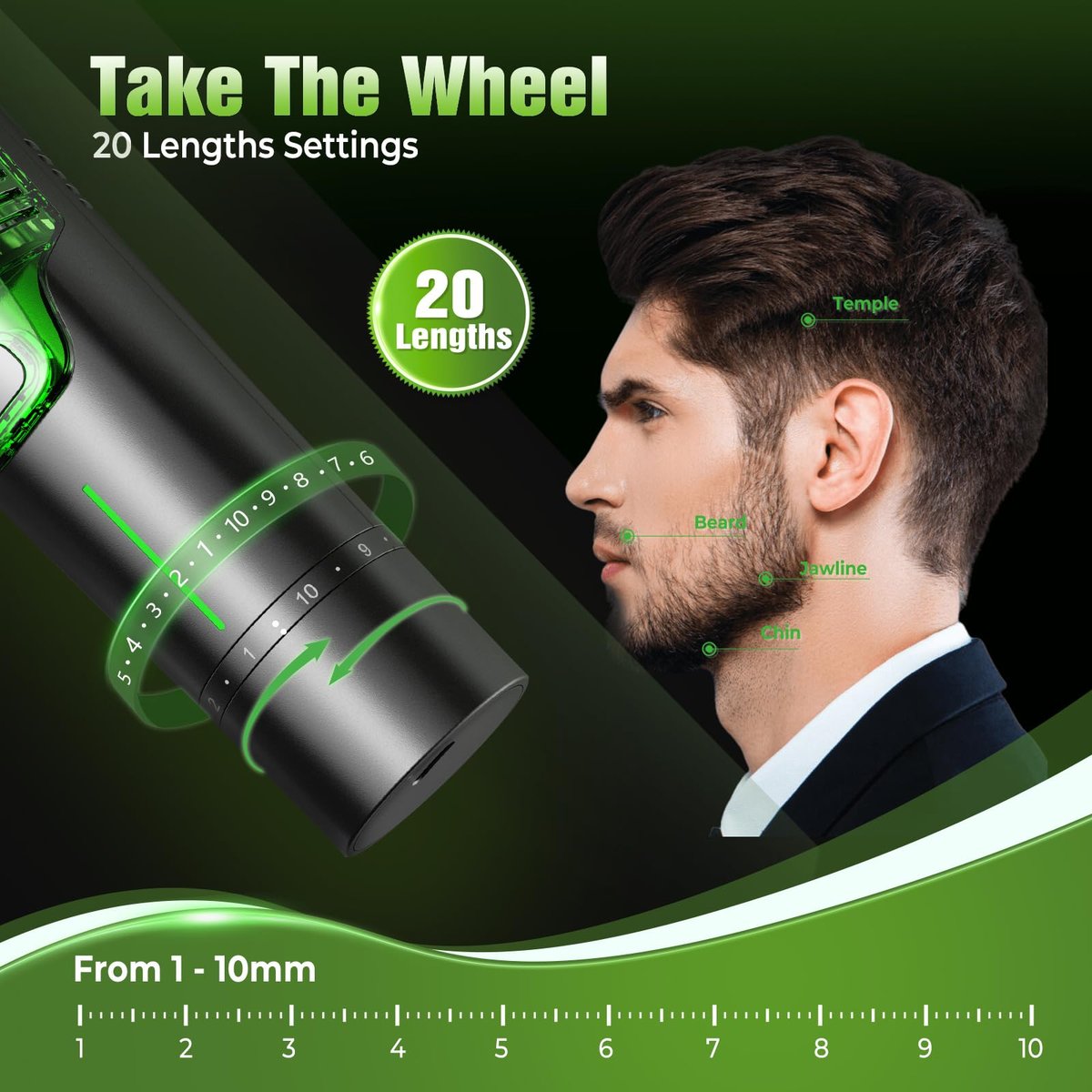 Beard Trimmer for Men: All-in-One Vacuum Mustache Trimmer with Precision Dial, 20 Length Settings, USB-C Rechargeable, Waterproof Wet/Dry Clipper Avelisse